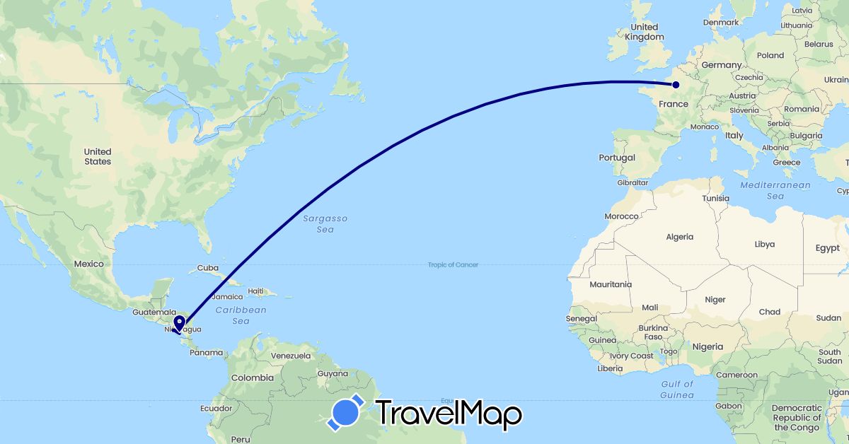 TravelMap itinerary: driving in France, Nicaragua (Europe, North America)